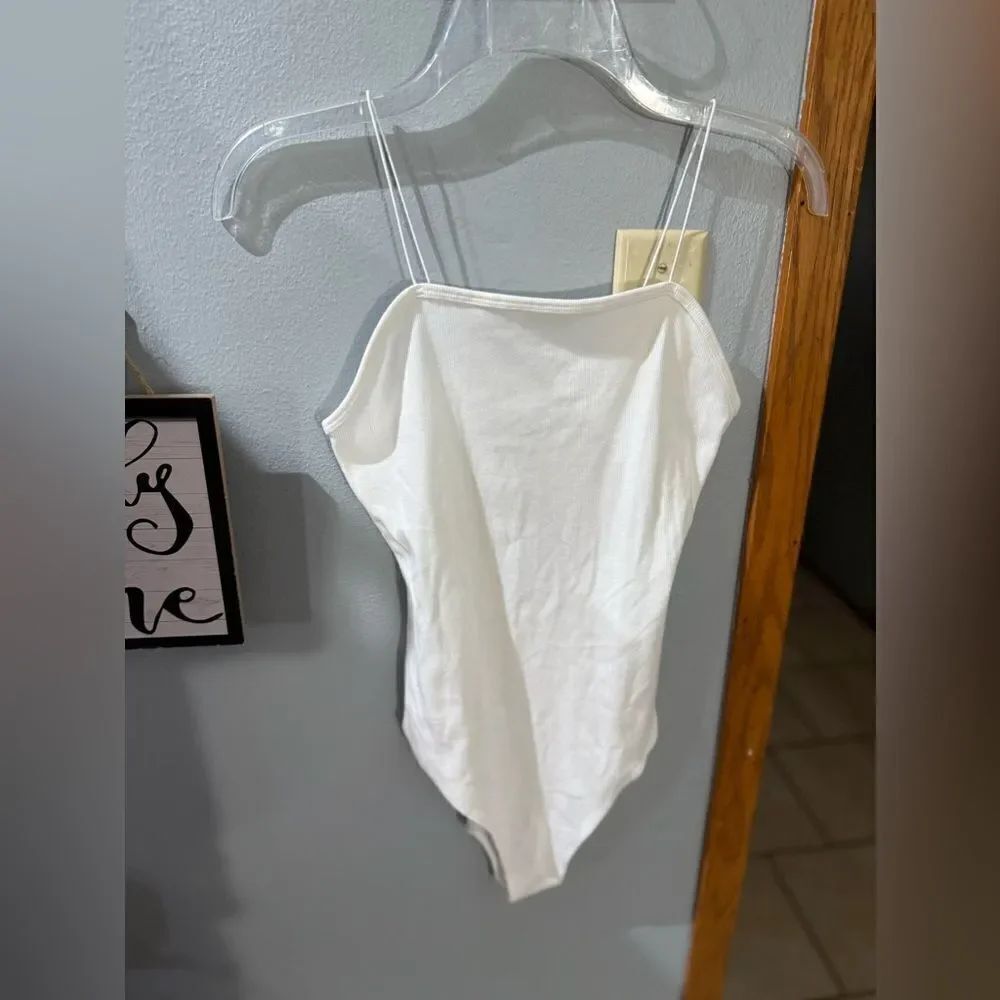 Wild Fable Women's Square Neck Thin Spaghetti Strap White Ribbed Bodysuit S or M